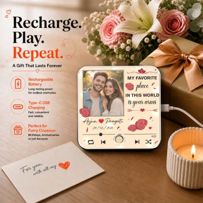 Personalized My Favorite Place is Your Arms Quote Printed Musical Fridge Magnet Anniversary & Birthday Gifts for Boyfriend Girlfriend Husband Wife | Music Player Style Keepsake Frame
